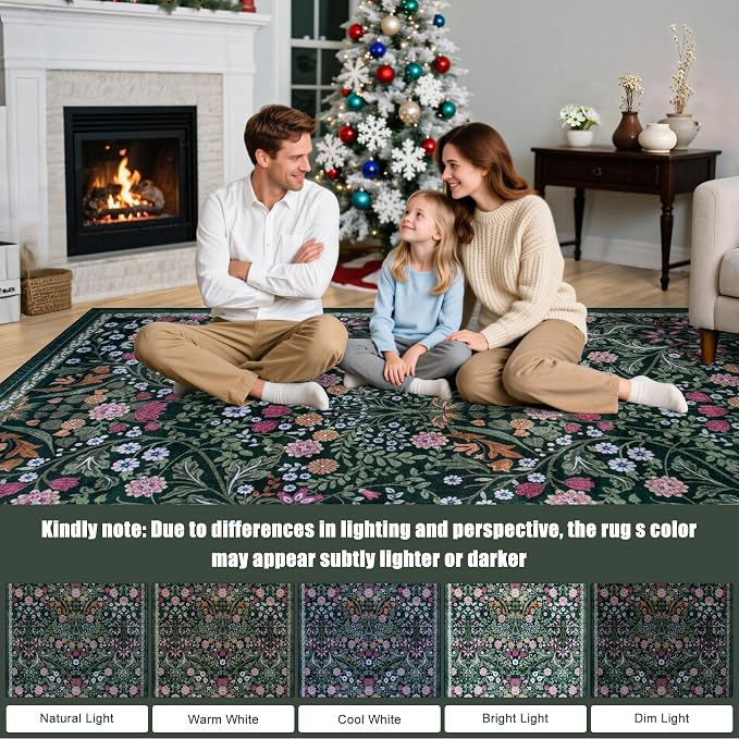 PLHXFR 2.6x14 Washable Runner Rug：Floral Indoor Kitchen Carpet Dark Green | - Image 9
