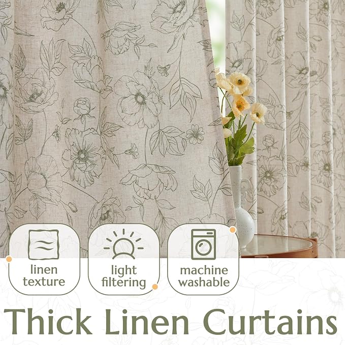jinchan Floral Linen Curtains for Living Room 96 Inch Length Green Flower - Image 3