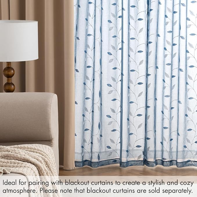 MIULEE Stone Blue Sheer Curtains 2 Panels Leaf Patterned, W52 x L84 | - Image 7