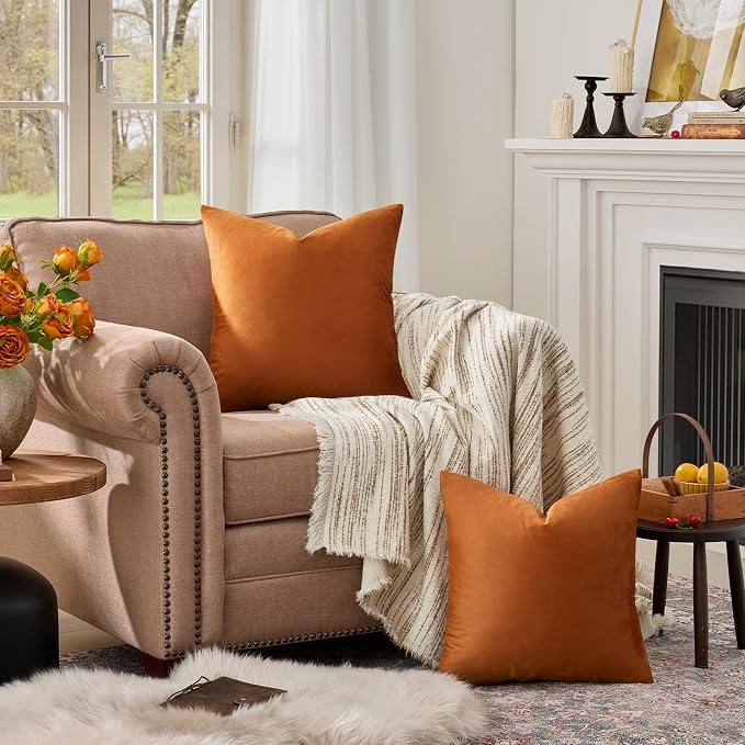 GIGIZAZA Burnt Orange Velvet Throw Pillow Covers 24x24 Pack of 2 | Decorative - Image 3