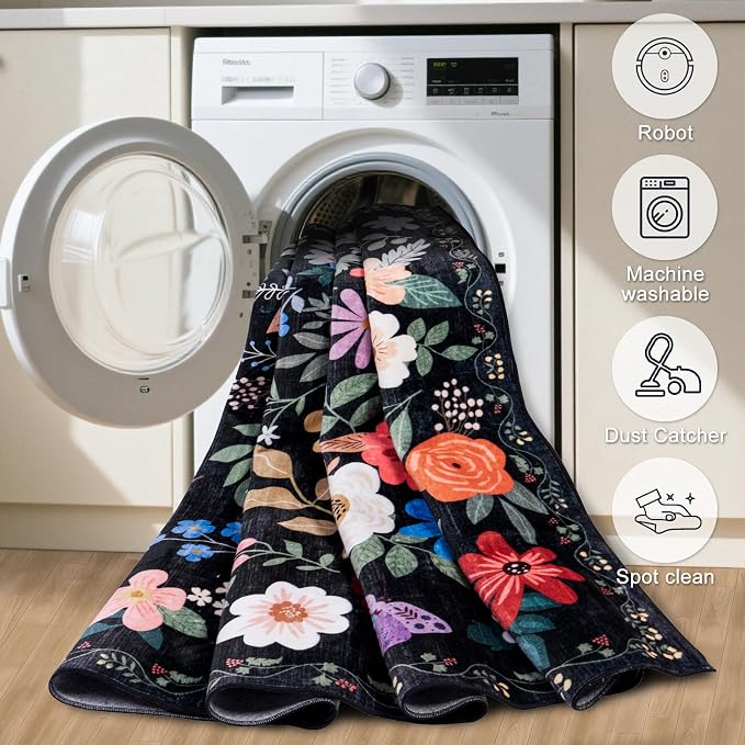 PLHXFR 2.6x14 Washable Runner Rug：Floral Indoor Kitchen Soft Carpet Black | - Image 8