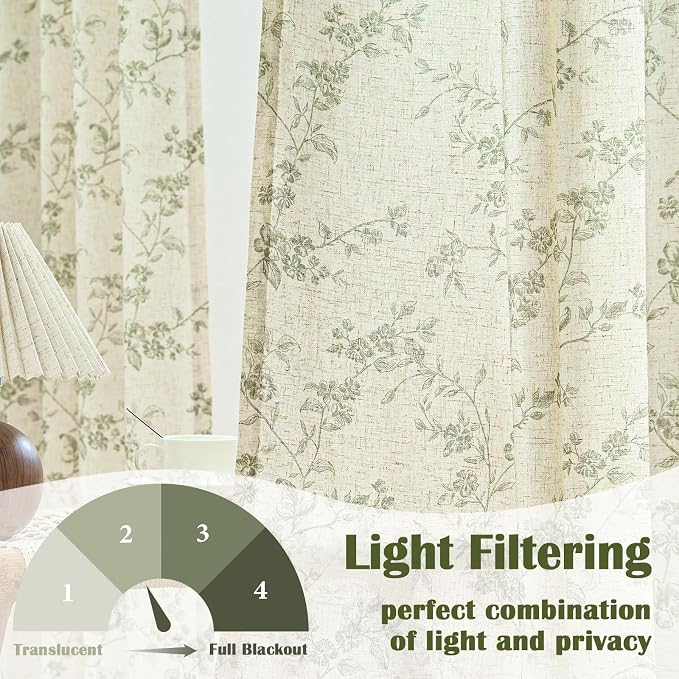 Lazzzy Green Floral Linen Curtains 84 Inch Farmhouse Back Tab Drapes - Image 3