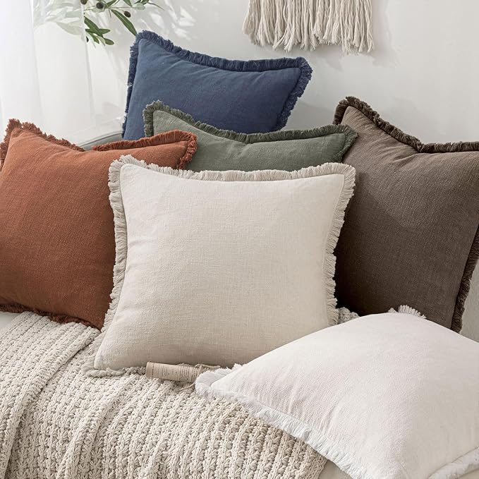 MIULEE Linen Fringe Decorative Fall Euro Throw Pillow Covers Coffee 22x22 | Set - Image 6