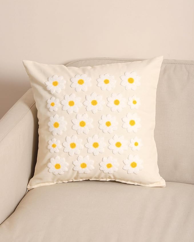 katre home madame & textile Throw Pillow Cover – Handcrafted Daisy Design on Natural Cotton – 18x18 inch – Decorative Punch Needle Cushion Cover – Boho Floral Accent Pillowcase