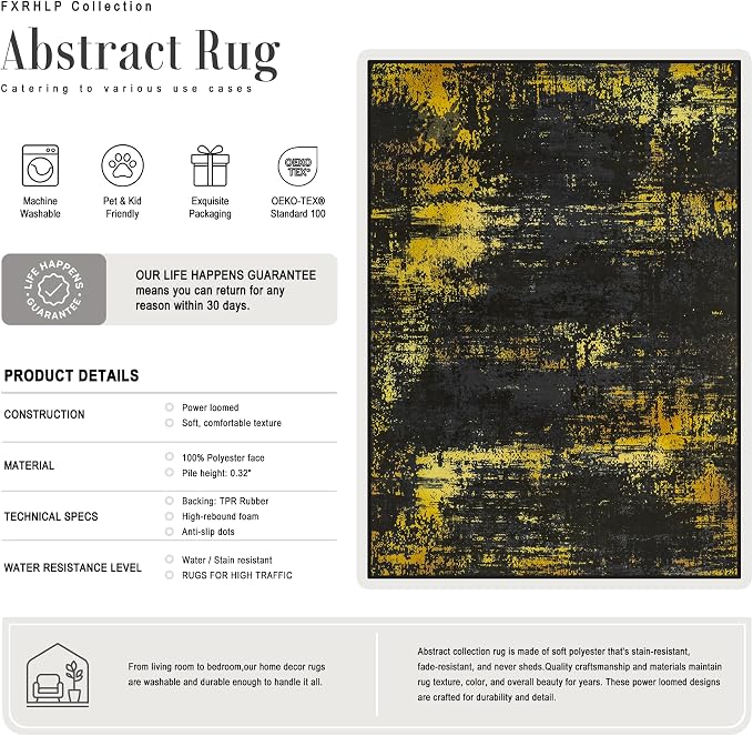 2.6x14 Washable Runner Rug:Modern Abstract Soft Carpet Black Gold | - Image 3