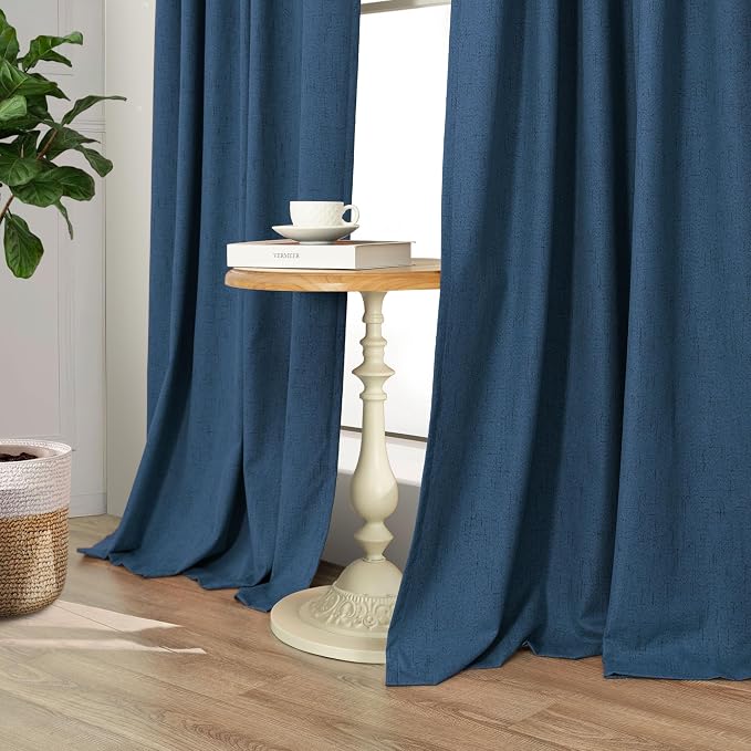 Navy Blue Curtains 108 Inches Long 2 Panel Faux Linen Nautical Modern Farmhouse - Image 8