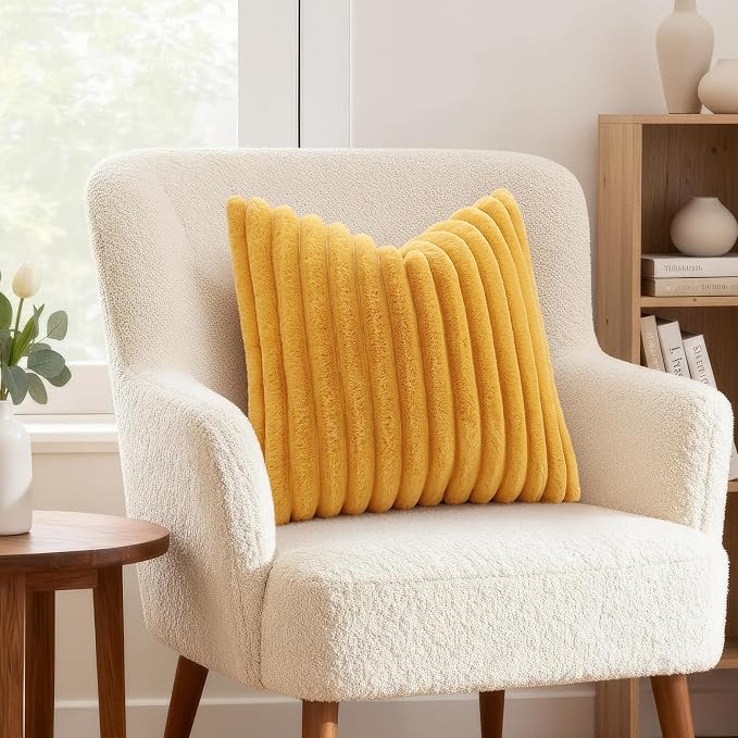 decorUhome Fall Faux Fur Throw Pillow Covers 24x24 Set of 2 Mustard Yellow | - Image 4
