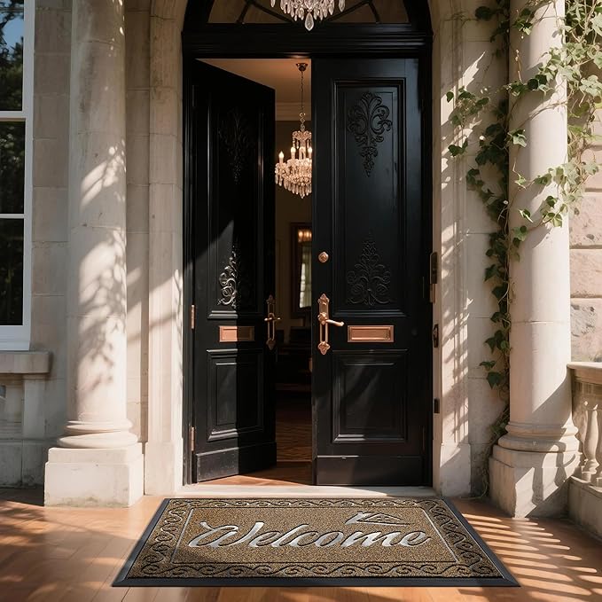 Yimobra Welcome Mat, Heavy Duty Sturdy Door Mats for Home Entrance Outdoor Indoor, Front Doormat for Outside Patio Floor Entry Porch Garage Office, Waterproof, Low Profile, 60 x 36, Beige Brown