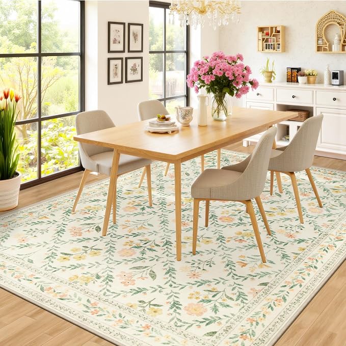 PLHXFR Area Rug 9x12 Living Room: Floral Washable Boho Carpet Beige Multi | - Image 4