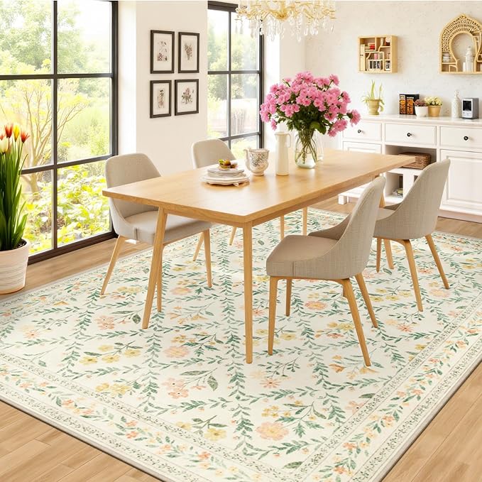 PLHXFR Area Rug Living Room: 5x7 Floral Washable Boho Carpet Beige Multi | - Image 4