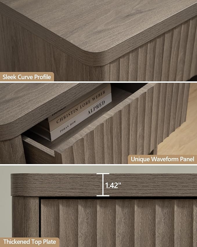 SICOTAS Night Stand Nightstand with Drawer Storage Fluted Bed Side Table End Table Large Modern Wide Bedside Stand Mid Century Night Stands for Bedroom Living Room Sofa Couch Home Office, Grey Alder