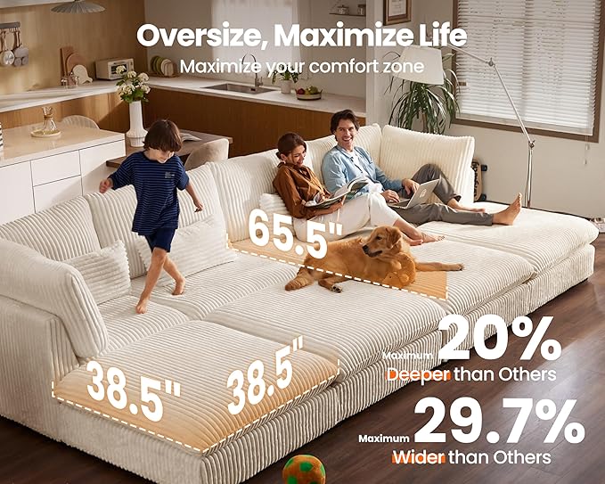 Oversized Modular Sofa, Extra Deep Cloud Corduroy Sectional Couch with Ottoman Chaise, Fluffy Chenille Corner V Shape Sofa for Living Room, Villa (Corner V Shape+Ottoman, Corduroy White)