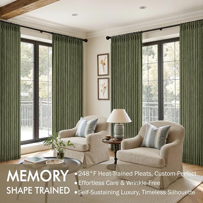 MIULEE Olive Green Pinch Pleated Linen Curtains 90 Inches Long 2 Panels - Image 2