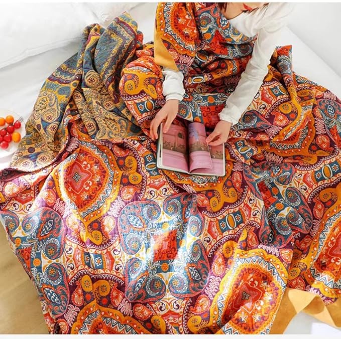 Boho Muslin Blanket for Adults 4-Layer Gauze 80 x 90 Inches Soft Cozy 100% Cotton Summer Cooling Blanket Geometric Floral Decor for Sofa Bed Coverlet Both Sides (A Boho Figure Orange, 80 x 90 in)
