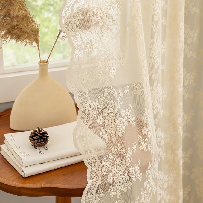 YJ YANJUN Vintage Lace Curtains 96 Inches Long-Victorian Floral Beige Sheer by YJYANJUN
