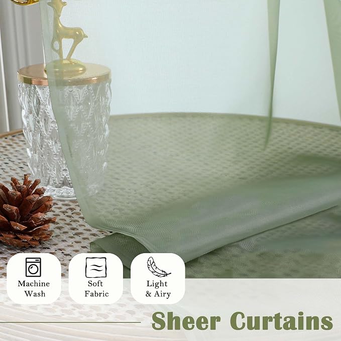 Sage Green Sheer Curtains 108 Inches Long 2 Panels, Extra Wide Airy Voile Sheer - Image 3