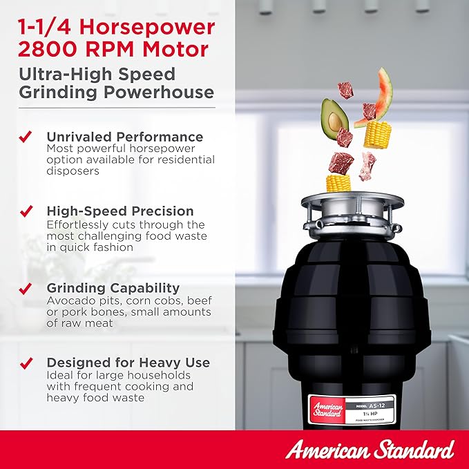American Standard 10-US-AS-12 Garbage Disposal Anti-Jam Stainless Steel Food Waste Grinding System, Heavy Duty, 1.25 HP, Black
