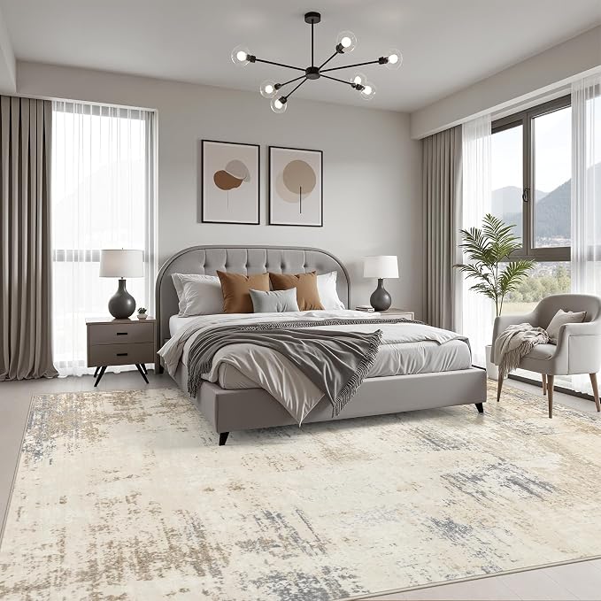 Area Rug Living Room: 6x6 Modern Washable Soft Carpet Beige Brown | - Image 3