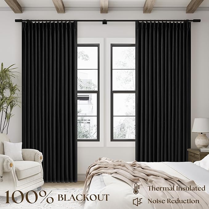Black Pinch Pleated 100% Blackout Linen Curtains - Image 3