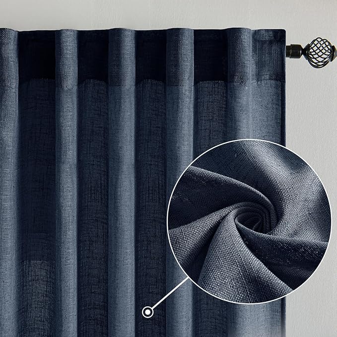 MIULEE Navy Blue Linen Curtains 96 Inch Length 2 Panels - Image 2