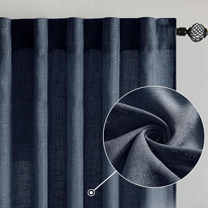 MIULEE Navy Blue Linen Curtains 54 Inch Length 2 Panels - Image 2