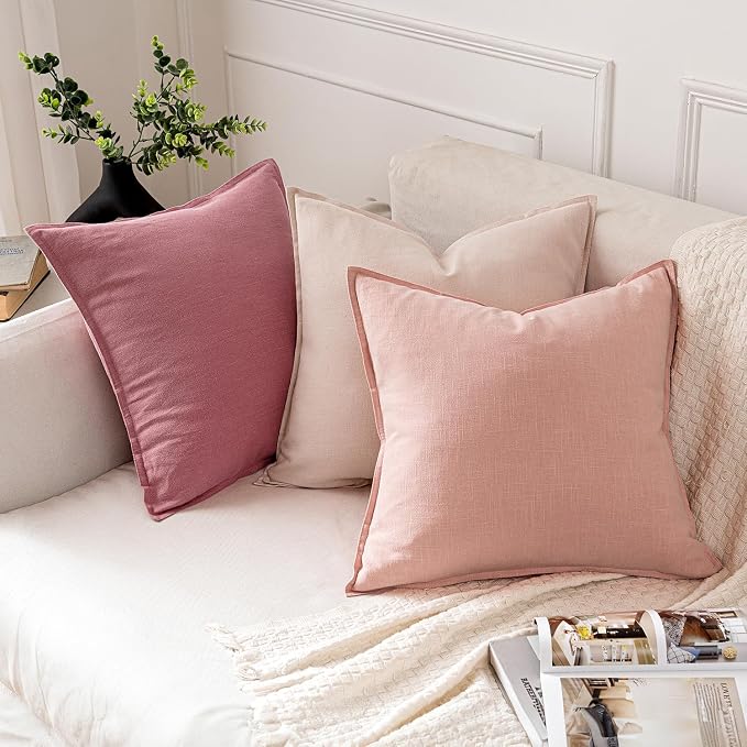 MIULEE Decorative Linen Pillow Covers 20x20 Inch Pink | Boho Farmhouse​ - Image 4