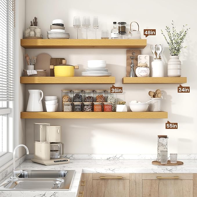 Heimlove 55 Inch Floating Shelves for Wall,10 Deep Large Rustic Wall Shelf with Heavy Duty Brackets,Wall Mounted Storage & Display Shelves for Bedroom,Living Room,Kitchen,Office,Oak Color