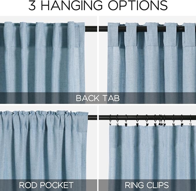 Blue Linen Curtains for Living Room 2 Panels Set Extra Long Back Tab Light - Image 3