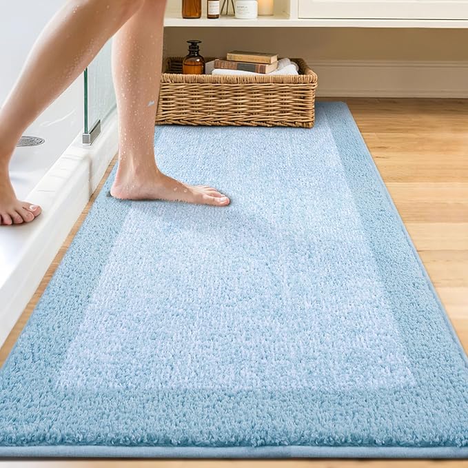60x24 Long Bathroom Rugs Washable Non Slip, Light Blue Bath Mat - Image 2