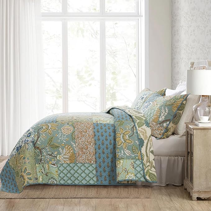NEWLAKE Quilt Set Twin Size, 100% Cotton Patchwork Green Bohemian Quilt Sets, Reversible Bedspread Lightweight and Breathable for All Seasons, Soft Quilted Bedspread