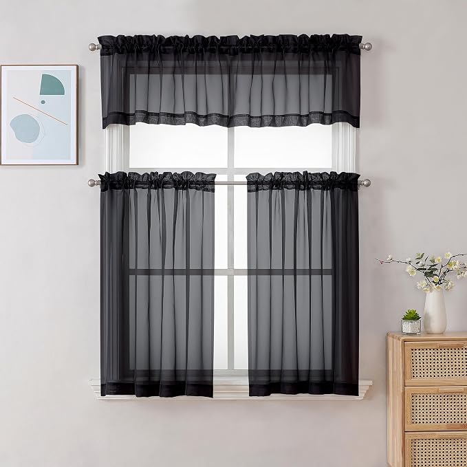 Gwine Black Sheer Curtain Tiers 24 Inch Length, Light Filtering Voile Short - Image 2