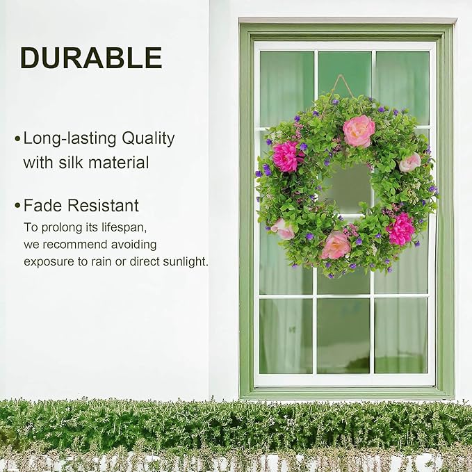 Summer Wreaths for Front Door - 18 Inch Artificial Greenery Wreath, Spring Floral Door Hanging with Textured Leaves, All-Weather Porch Decor for Farmhouse Entryway