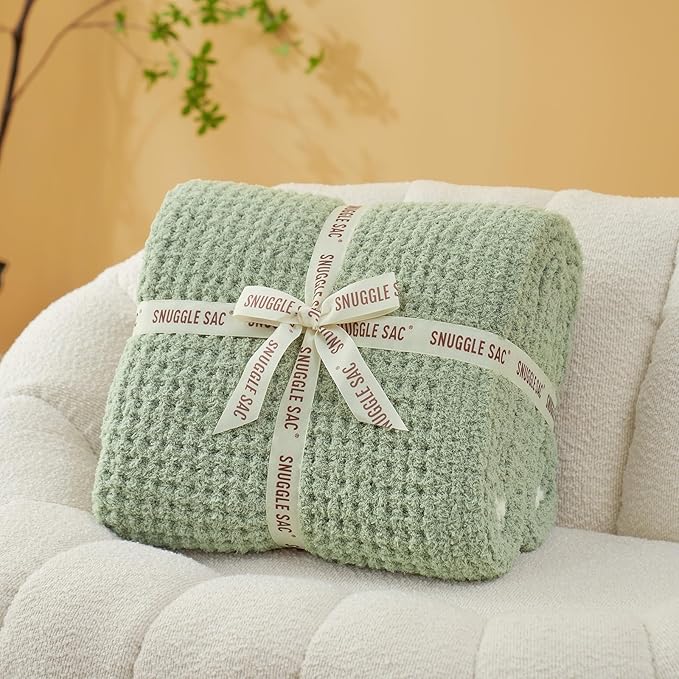 Snuggle Sac Sage Green Waffle Bedding Blankets Queen Size 90x90 inches, Reversible Microfiber Fluffy Fuzzy Soft Throw Cozy Knit Blanket for Women Mothers Birthday Gifts
