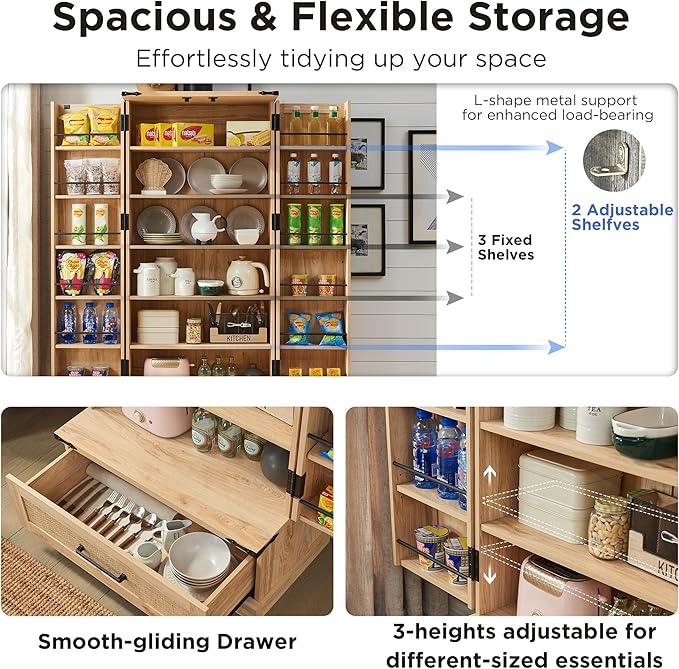 72" Tall Rattan Kitchen Pantry Cabinet with Drawer, Boho Storage Cabinet with 2 Rattan Doors and Shelves, Versatile Large Cabinet for Dining Room, Bathroom, Living Room, Laudry, Natural Oak