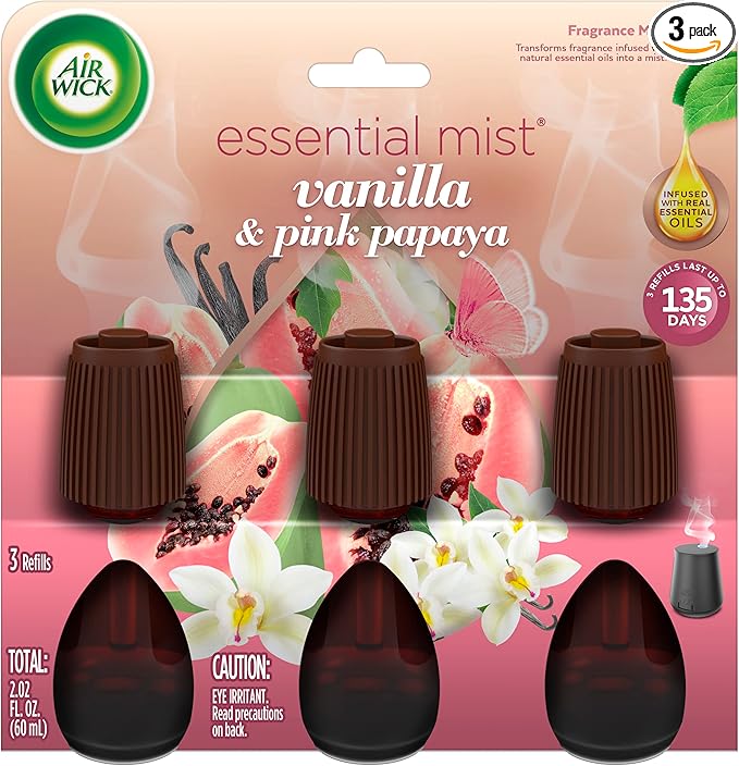 Air Wick Essential Mist Refill, 3 ct, Vanilla and Pink Papaya, Essential Oils Diffuser, Air Freshener