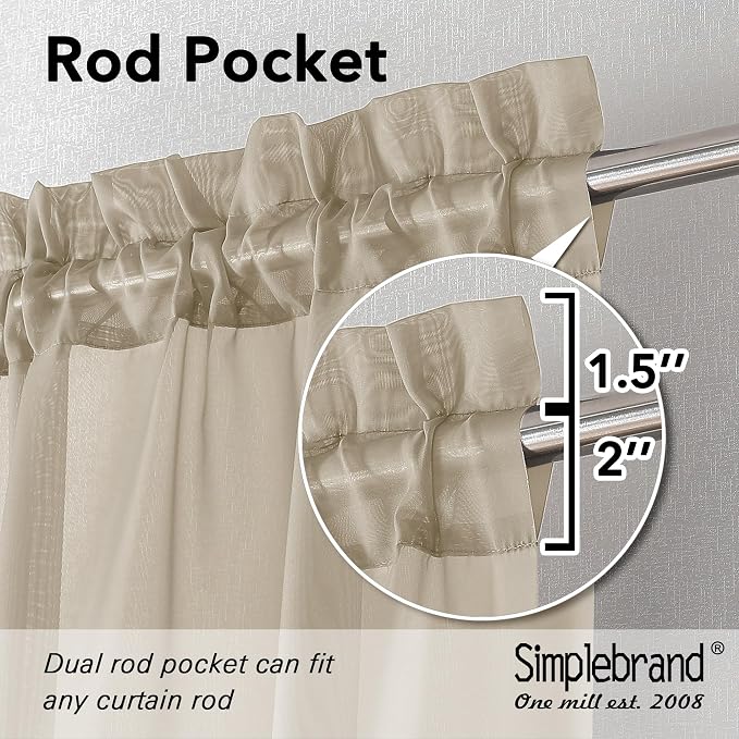 Simplebrand Taupe Sheer Curtains 90 Inches Long 2 Panels, Light Filtering Rod - Image 5