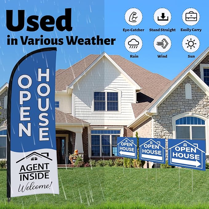 44 Pcs Open House Signs for Real Estate Agent Supplies, Double Sided Open House Flag Kit for Outside, 7.6 x 5.4 Ft Blue Banner Flag Poles Set with Directional Arrows Yard Sign Stakes Balloons
