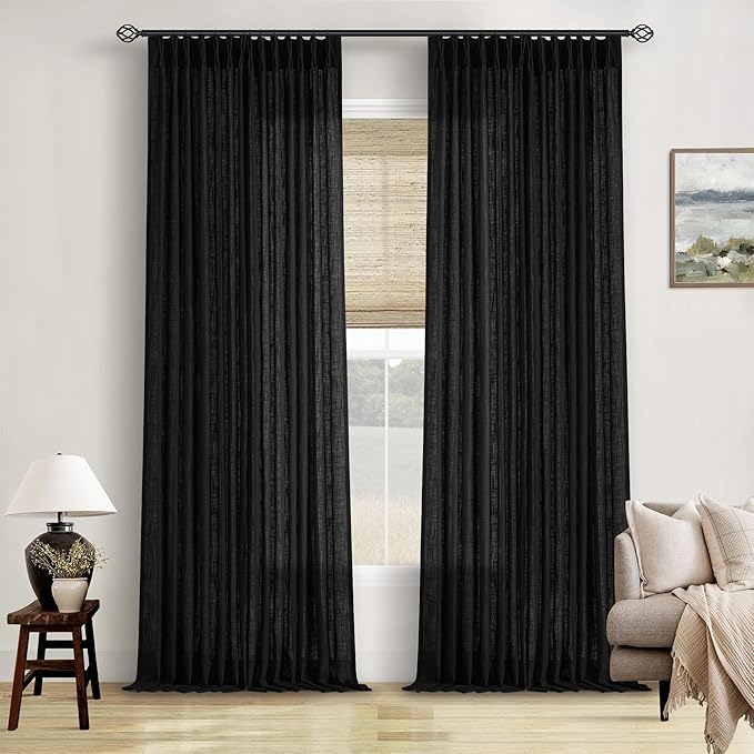 Black Pinch Pleated Linen Semi Sheer 90 Inch Curtains 2 Panels | Light Filtering by Twodrapes