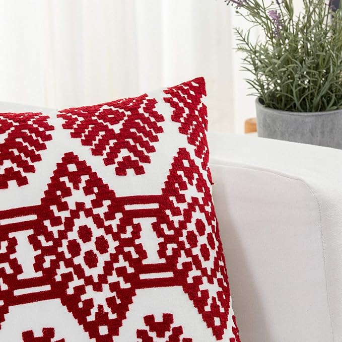 HWY 50 Red Decorative Throw Pillow Covers 18x18 Inch, Pack of 2 Embroidered Cotton Farmhouse Cushion Cover Pillow Case for Sofa Couch Living Room Bed Bedroon, Diamond Design