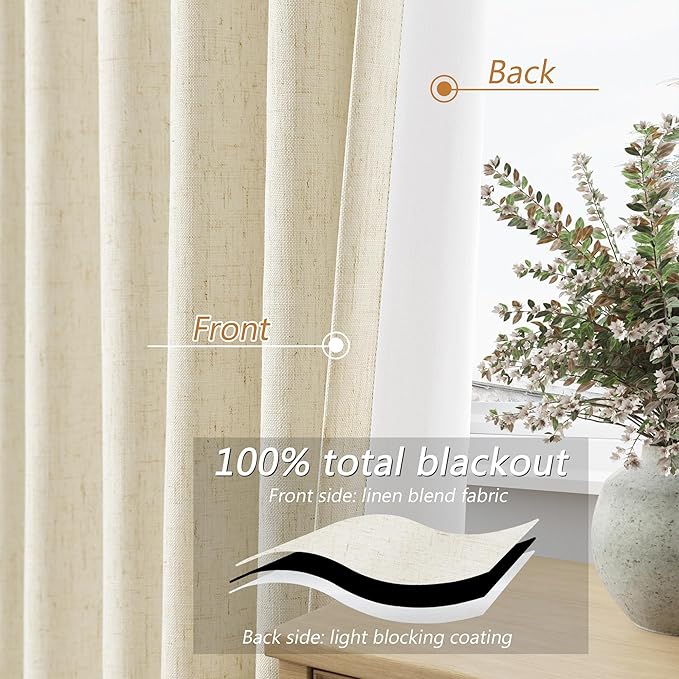 Guken Warm Beige 100% Blackout Linen Curtains 102 Inch Length 2 Panels Set - Image 4