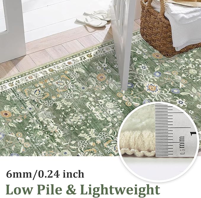 Yamaziot 4Ft Washable Round Area Rug Non Slip Floral Carpet, Sage Green | Soft - Image 3