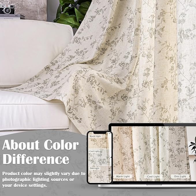 Lazzzy Grey Floral Linen Curtains 90 Inch Farmhouse Back Tab Drapes - Image 5