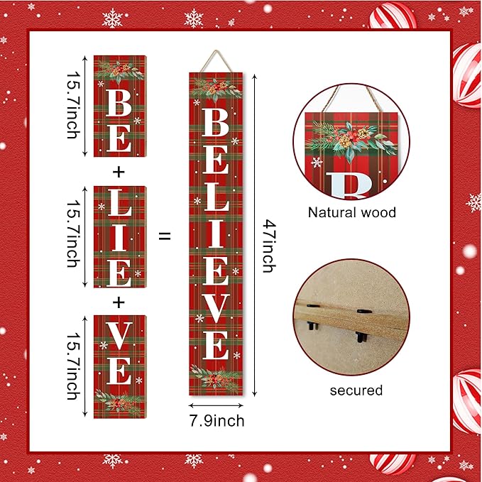 Winter Believe Porch Board Welcome Sign for Front Buffalo Plaid Door Porch Deck Patio or Wall - Indoor Outdoor Decorative Farmhouse Rustic Vertical Porch and Yard Decor - 47.2"H