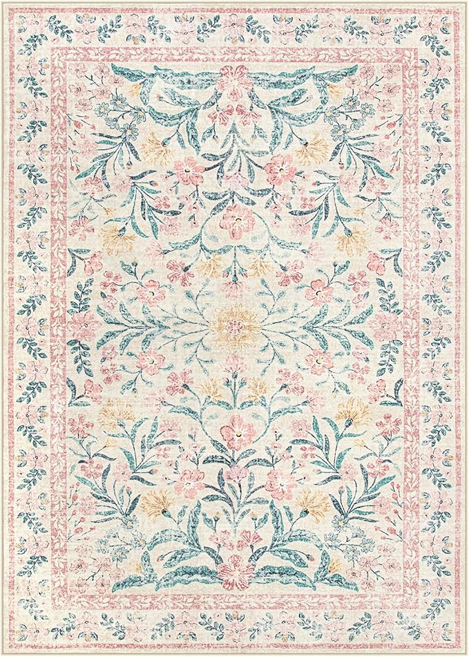 Wonnitar Machine Washable 10x14 Area Rugs, Large Living Room Rug Floral Pink and White Carpet, Boho Soft Ultra-Thin Foldable Carpets for Bedroom Dining Room Office