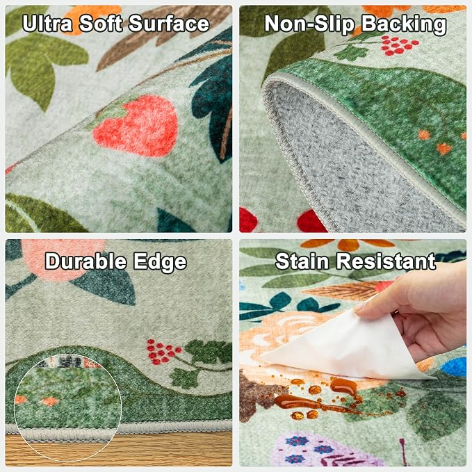 PLHXFR Area Rug Living Room: 4x6 Floral Washable Boho Soft Carpet Green | - Image 7