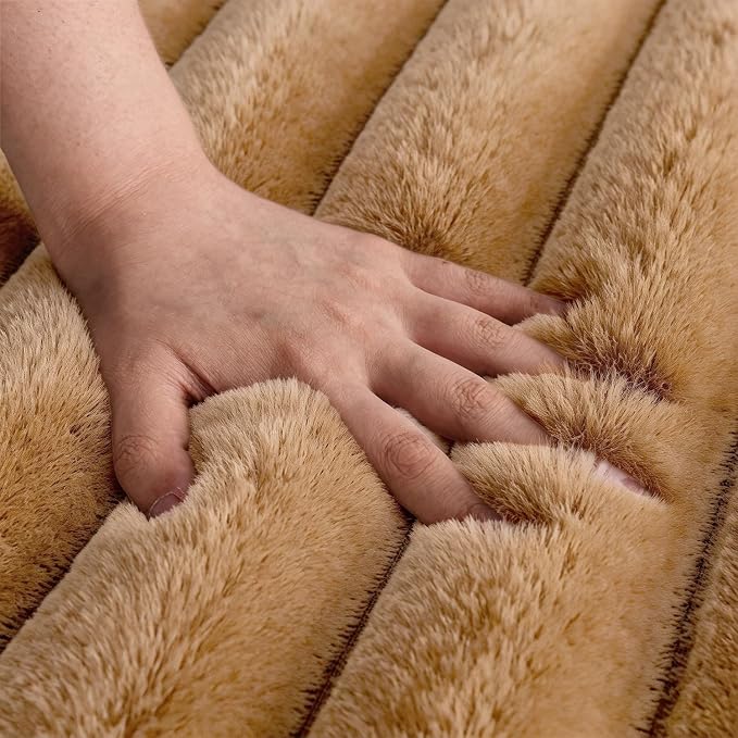 Coffee Rabbit Striped Plush Rug 5'x8', Fluffy Shaggy Area Rug - Image 4