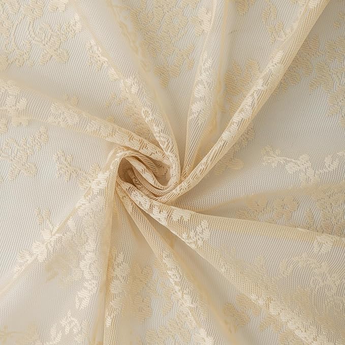 YJ YANJUN Vintage Lace Curtains 72 Inches Long-Victorian Flower Beige Voile - Image 6