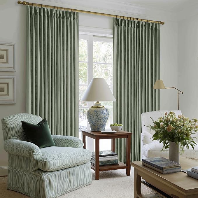 Sage Green Pinch Pleat Semi Sheer Linen Curtains 102 Inches Long 2 Panels | - Image 7