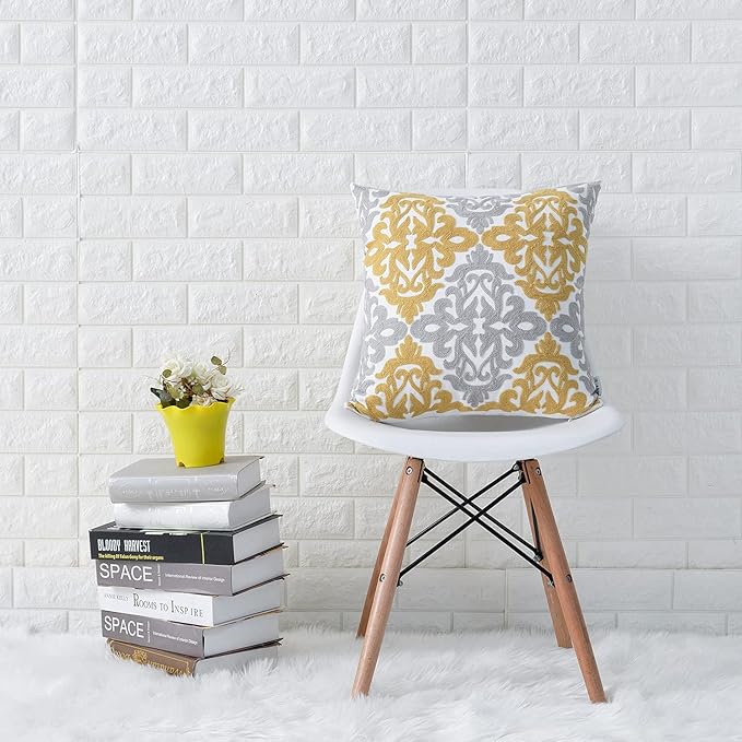 HWY 50 Mustard Yellow Decorative Throw Pillow Covers 18x18 Inch, Pack of 2 Embroidered Cotton Farmhouse Cushion Cover Pillow Case for Sofa Couch Living Room Bed Bedroon, Accent Geometric