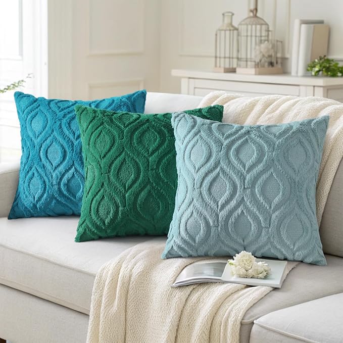 decorUhome Fall Throw Pillow Covers 22x22 Inch Set of 2, Soft Plush Decorative Faux Fur Teal Solid Couch Pillow Covers, Accent Farmhouse Neutral Square Euro Pillow Cases for Sofa Bed Living Room